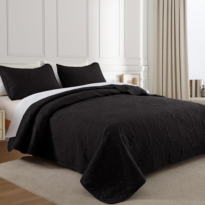 Whale Flotilla Cal King Quilt Set Vintage Damask Reversible Bedspread | Suitable for Bed, 3 Pieces Black Lightweight Breathable Oversized Quilts, Ultrasonic Coverlet Bed Cover with 2 Pillow Shams