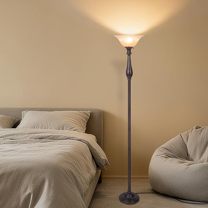 Floor Lamp with Alabaster Glass Bowl Shade, 72 Inch Tall Torchiere, Dark Brown, Brushed Nickel