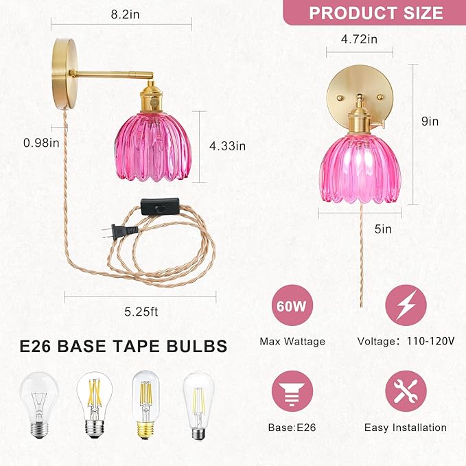 Plug in Wall Sconce, Vintage Sconce Light with Tulip Ruby Red Glass Lampshade, Bedside Wall Sconce with Switch and Plug in Wall Lamp Cord, Gold Wall Light for Bedroom