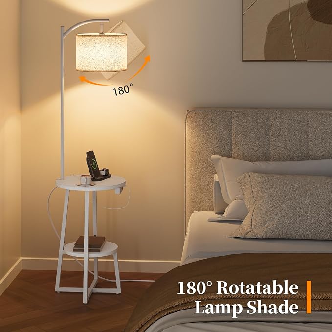 Yoobure Floor Lamp with Table - Farmhouse Night Stand with Charging Station | Side Table with Floor Lamps for Living Room, Bedroom, End Table with Lamp Attached 3 Color Temperatures Bulb, 2 Tier Shelves