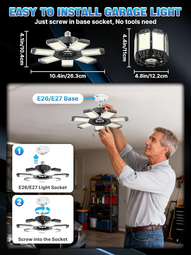 LED Garage Light 200W, 8 Pack 20000LM 6500K Garage Lights Ceiling Led with 7 Deformable Panels, Screw in E26/E27 Socket Shop Light for Workshop Basement Barn Bay Lighting