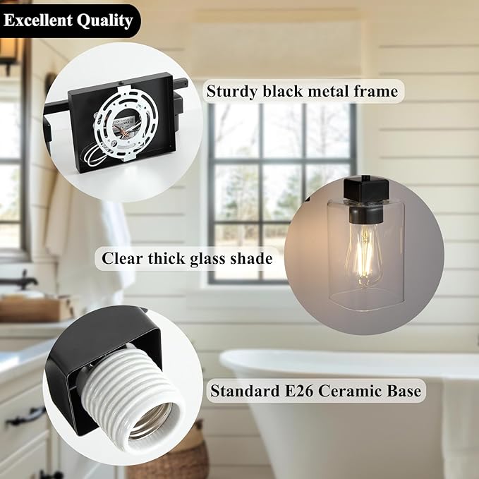 2 Pack Matte Black 2-Light Bathroom Light Fixtures,Bathroom Vanity Light Over Mirror with Square Clear Glass Shade,Modern Farmhouse Wall Sconces Lighting for Bedroom Living Room Foyer Cabinet