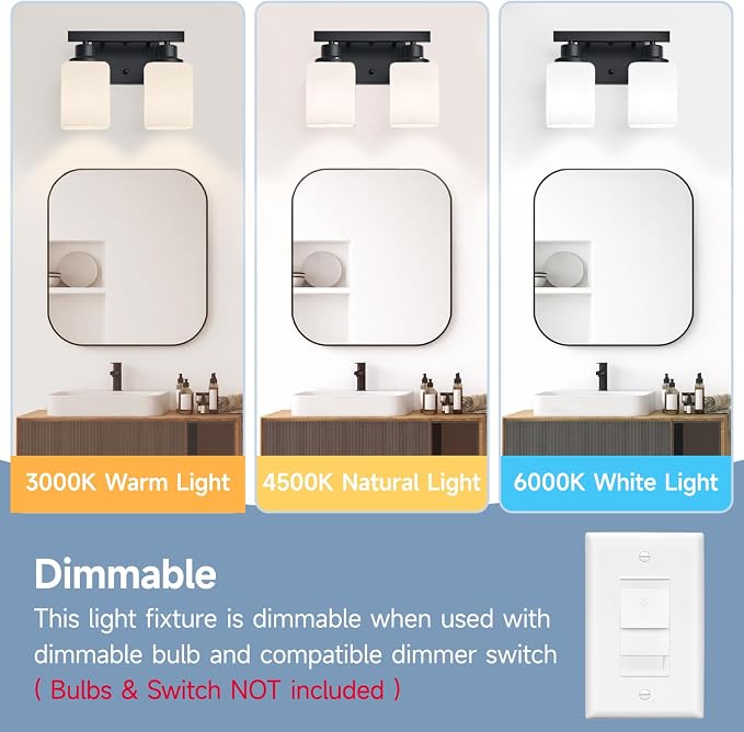 2 Light Bathroom Vanity Light,Matte Black Vanity Lights with Clear Glass,Bathroom Lighting Fixtures Over Mirror,Wall Light Fixtures for Living Room,Bedroom,Hallway(E26 Base)