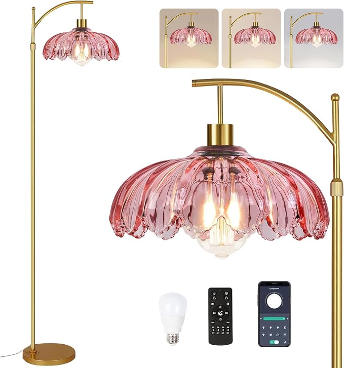 ILLMTW Floor Lamp for Living Room,Bedroom,Gold Dimmable Standing Lamp with Remote,Mid Century Modern Brass Tall Lamp Retro Vintage Pink Glass Lamp Floor Light Boho Bohemian