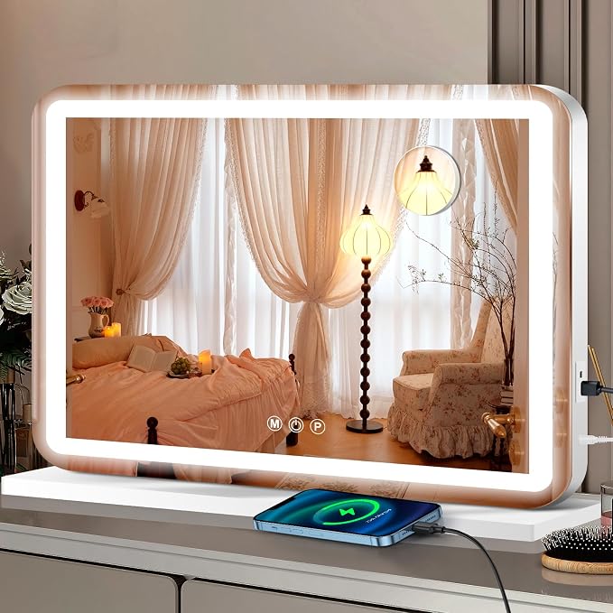 Ratsamee 26" x 20" Vanity Mirror with Lights, Led Makeup Mirror, Lighted Makeup Mirror with 3 Color Dimmable Lights, Smart Touch Screen Control, Aluminum Metal Frame,USB Charging Port