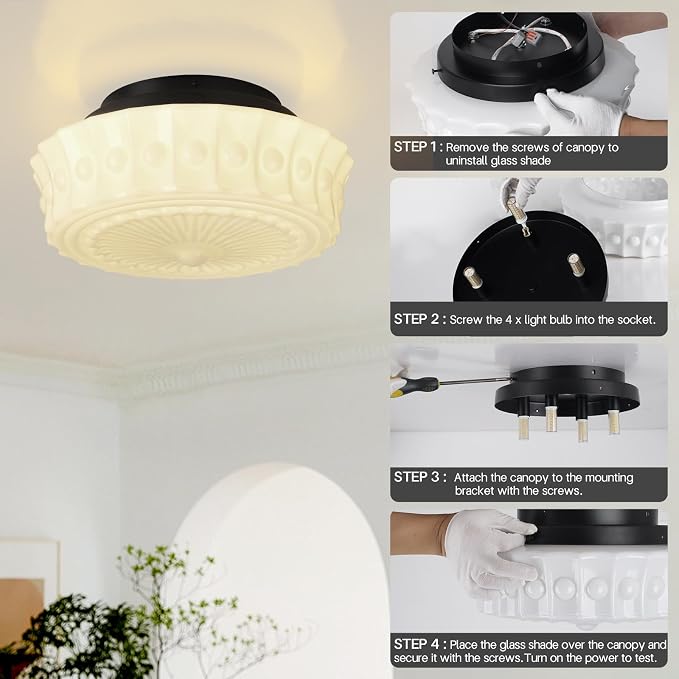 White Milk Glass Ceiling Light Fixture, 13.8'' Flush Mount Lighting for Bedroom, Hallway, Kitchen & Dining Room, Vintage Mid Century Design, 4 LED Bulbs Included, Ideal for Modern Farmhouse