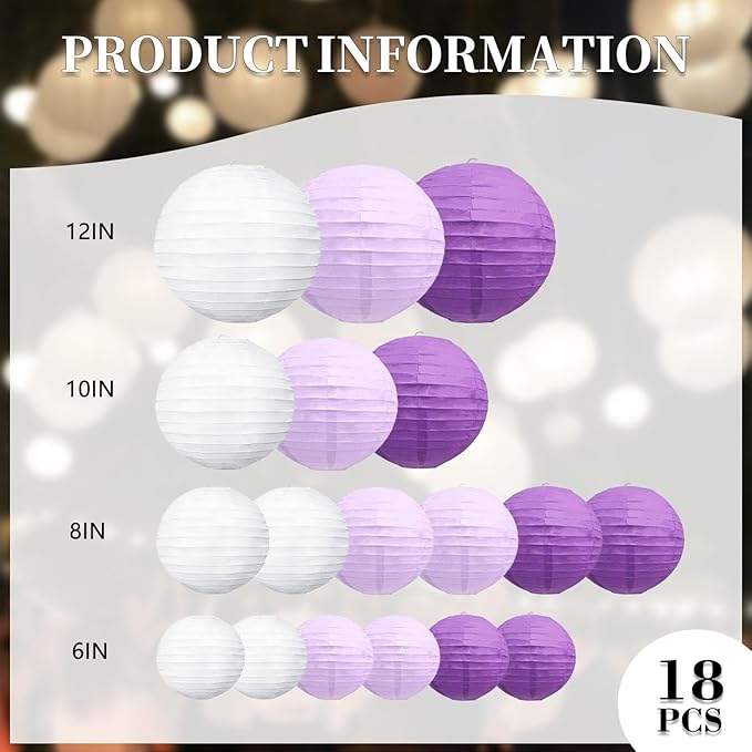 20Pcs Purple Light Purple White Paper Lanterns for Parties, 6” 8” 10” 12” Chinese Asian Hanging Round Paper Lanterns for Birthday Wedding Halloween Christmas Home Decor Party Decor