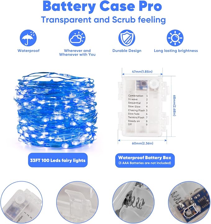Ariceleo 4 Pack 32.8 Ft. Battery Operated Outdoor String Lights with Remote & Timer, LED Blue Fairy Lights, Waterproof Twinkle Lights for Bedroom, Dorm, Mason Jar, Wedding, Party, Christmas