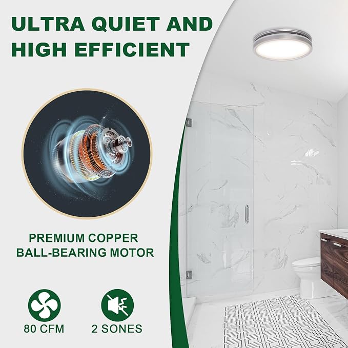 Akicon Bathroom Exhaust Fan with Light, 80 CFM 2.0 Sones Bathroom Fan for Ceiling, 3CCT 15W Dimmable LED Light and 3.5W Nightlight Vent Fans Combo for Home, Round, Sliver