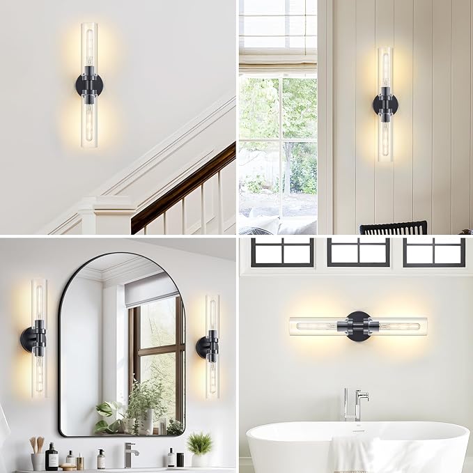 Lanhall 2-Light Black Bathroom Light Fixtures Over Mirror Modern Farmhouse Vanity Light Wall Lighting with Clear Glass Shade for Bathroom, Bedroom, Hallway, Cabinet