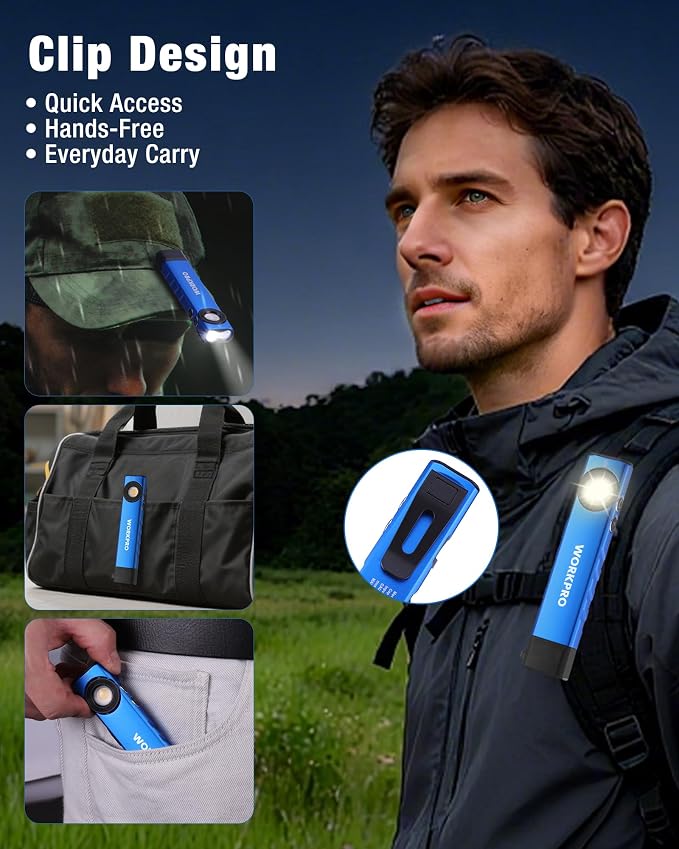 WORKPRO Rechargeable Pocket Flashlight, Magnetic EDC Light with UV, Blue | Compact, 600 Lumens LED & UV Light, 2 Magnetic Bases, Pocket Clip, 7 Modes, Garage, Repair & Emergency Use