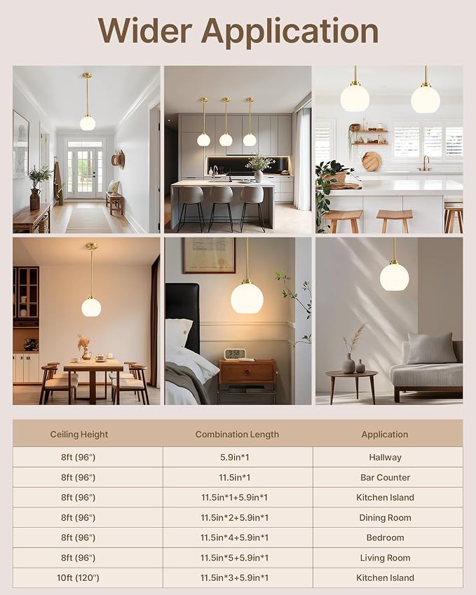 Majade 7.4" Globe Pendant Lights Mid Century Modern Kitchen Island Pendant Light Fixtures Gold Brass Pendant Lighting with Milk Glass Adjustable Hanging Light Fixtures for Dining Room Living Room
