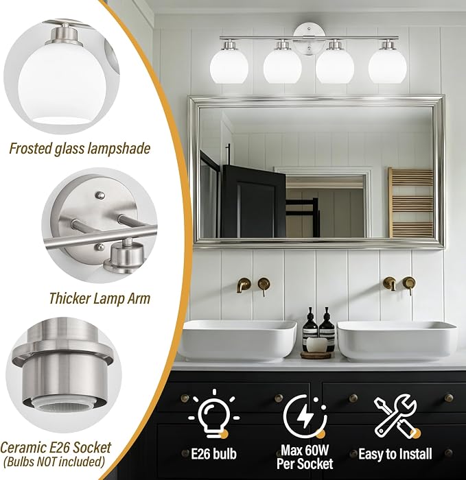 Brushed Nickel Bathroom Light Fixtures, 4-Light Vanity Light Over Mirror | Modern Bathroom Lighting Over Mirror, Wall Sconces, Milky White Globe Glass Shades, E26 Socket,ETL Listed