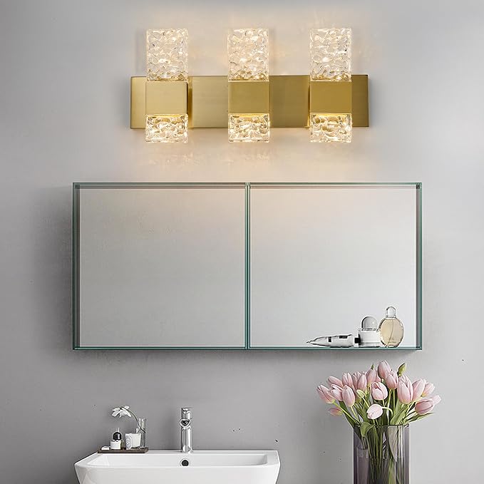 Gold Bathroom Vanity Lights Fixtures Over Mirror LED Crystal Modern 3 Light Brushed Stainless Steel Wall Mount Light for Bathroom Lighting Fixtures 3000K 30Watts Warm Light