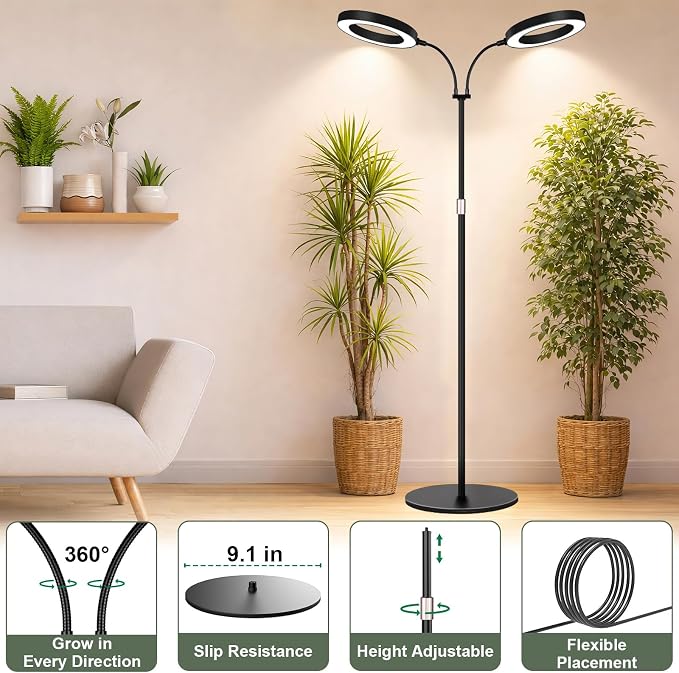 LBW Dual Head Grow Light with Stand for Indoor Plants, Full Spectrum Grow Light for Tall Plants, Adjustable Height up to 68", Auto Cycle Timer 6/8/12/16H, 5-Level Dimmable, 3 Lighting Modes, Black
