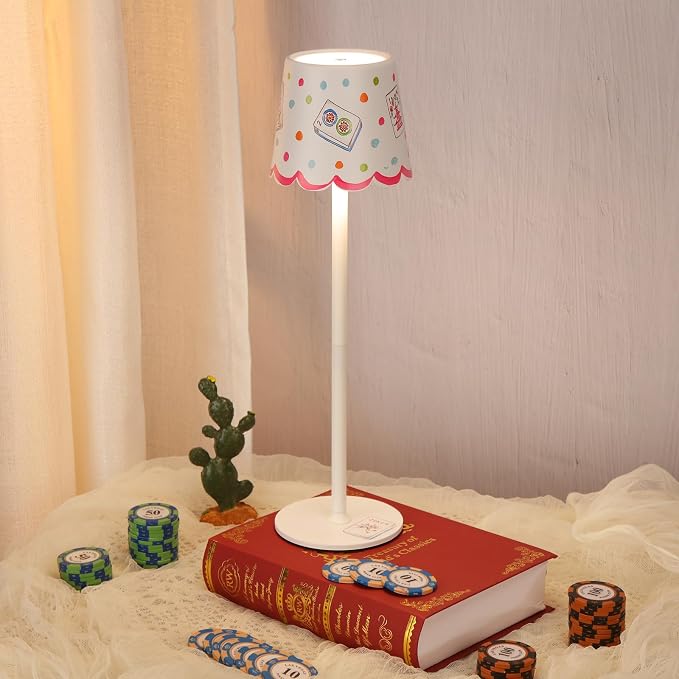 Pickmesh 1 Pack Mahjong Cordless Lamp Scalloped Edge Mahjong Print LED Lamp 3 Color Dimmable Rechargeable Stylish Lamps for Mah Jong Table Living Room Nightstand Desk (Sweet)