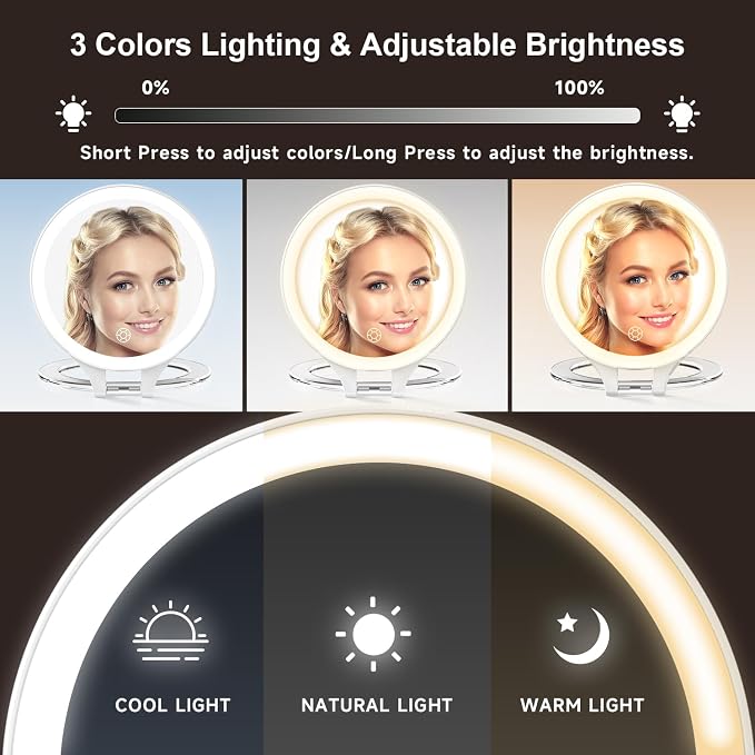 Mocado 1X/20X Magnifying Mirror with Light, Travel Makeup Mirror with Light | Double Sides Travel Mirror with 3 Color Light, Dimmable Touch, 1500mAh Rechargeable, Brightness Adjustable(White)