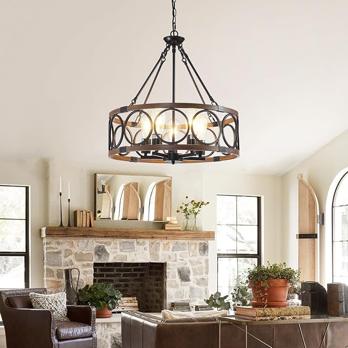 20.5'' Farmhouse Chandelier, 5-Light Walnut Wood Grain Dining Room Light Fixture Over Table, Rustic Industrial Drum Hanging Pendant Lights Fixture for Kitchen Island Bedroom Hallway Foyer Entryway