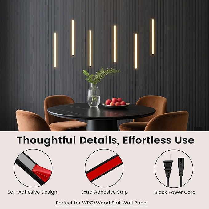 Wall Led Lights - GloryAir 6pcs Black 3000K Warm White Led Panel Light Strips, Self-Adhesive Dimmable Touch Switch Wall Slat Lights for Wood Slat, Fluted Panel, Bedroom Headboard