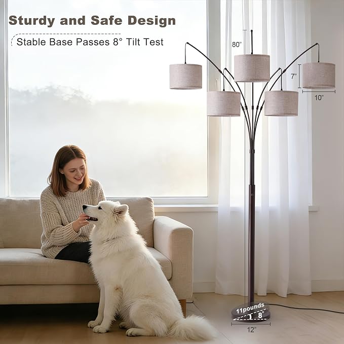 Dimmable Floor Lamp - Arc Floor Lamps for Living Room, 4000LM Super Bright Modern Tall Standing Lamp with Black Shades & Heavy Base, Mid Century Tree Floor Lamp for Bedroom Office