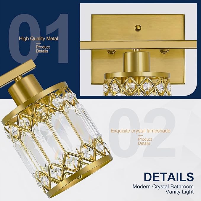Crystal Modern Bathroom Light Fixtures, 3-Light Brushed Gold Bathroom Vanity Wall Light, Vanity Lights for Mirror, Restroom, Bedroom (E26 Socket, Bulbs Not Included)