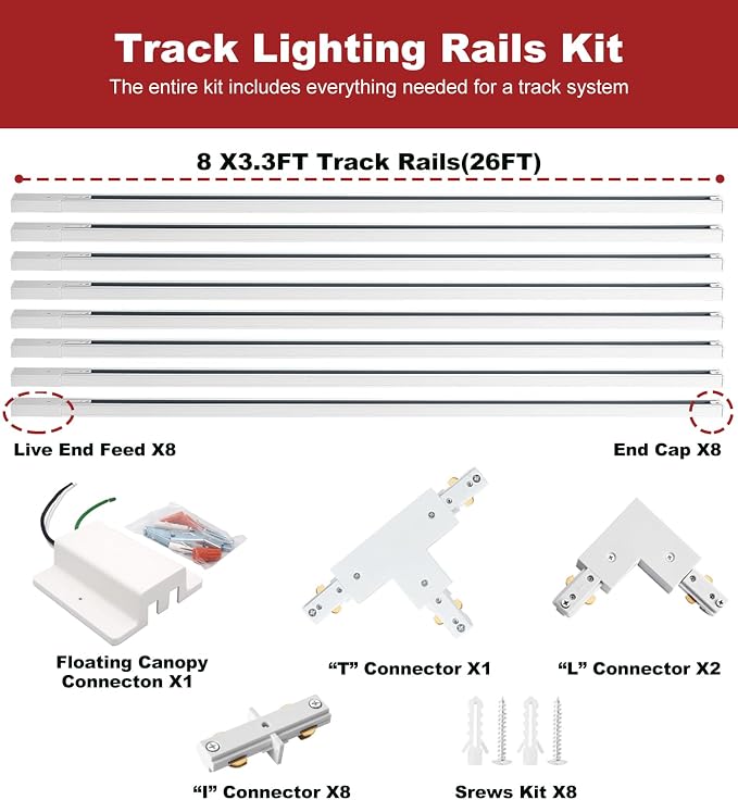 26FT H Track Lighting Rails White, H Type Track Lighting Rails Kit with Floating Canopy Connector, End Caps, Live End Feed, L Connectors, Compatible with 3-Wire Single Circuit H Style System