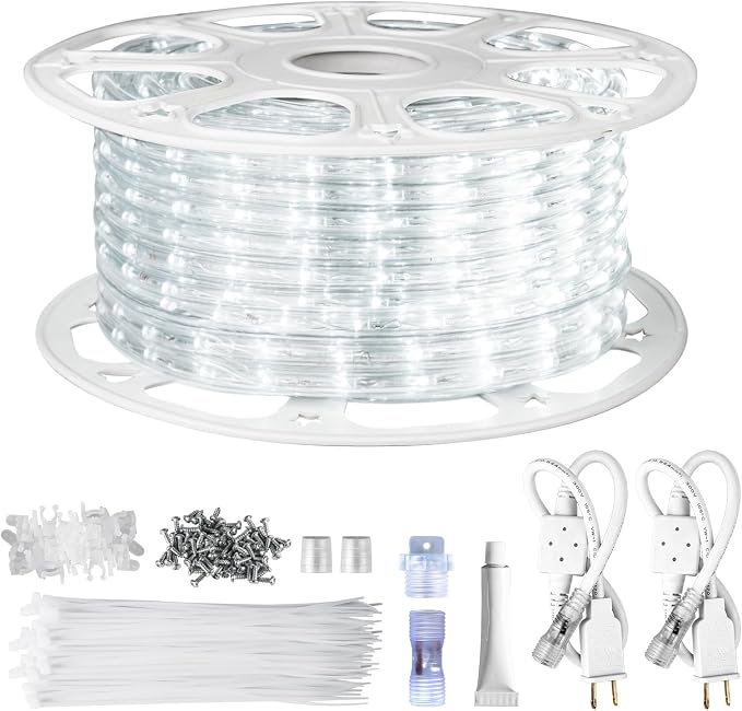 Rope Lights Outdoor Waterproof Daylight White: LED 100FT Cuttable Outside Bright 110V Lighting 6000K Connectable Flexible Cool Clear Tube, Indoor Deck Patio Xmas Camping Decor, Not Flat Strip