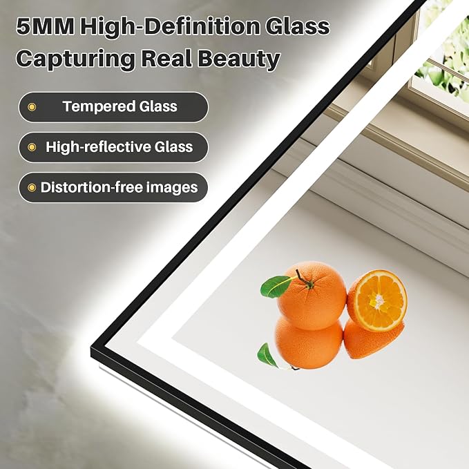 36x30 Inch LED Bathroom Mirror with Black Frame, Backlit & Front Lit | Anti-fog, 3 Color Dimmable, Memory Function, HD Reflection Tempered Glass, ETL Listed, IP54 Waterproof
