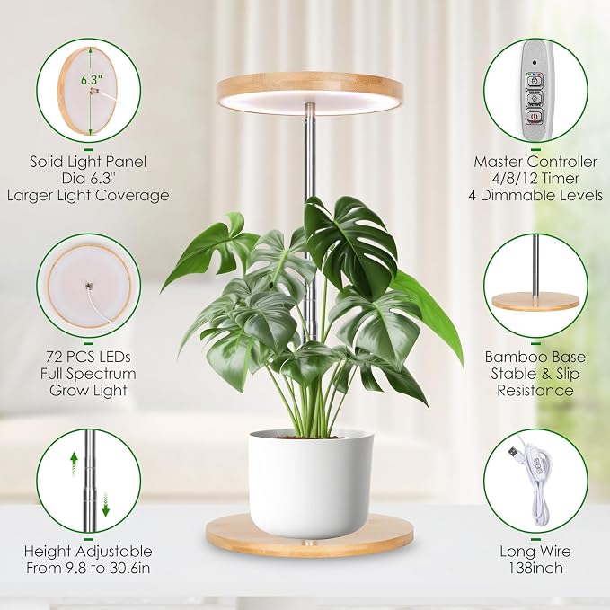 LORDEM Grow Lights for Indoor Plants with Base, Bamboo Design, Timer | 72 LEDs Full Spectrum Plant Lights, 4 Brightness Levels, Adjustable Height up to 26 in, 4/8/12H Auto Timer