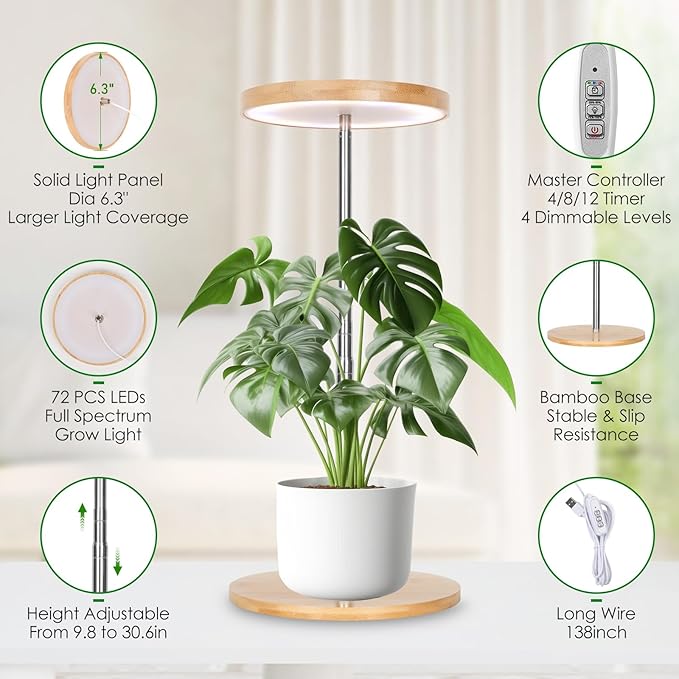 LORDEM Indoor Plant Light, Bamboo Desk Lamp with Timer | Full Spectrum 380-800nm, 72 LEDs, 4 Dimmable Levels, Height Adjustable 7.8-26 inch, Auto Timer 4/8/12H