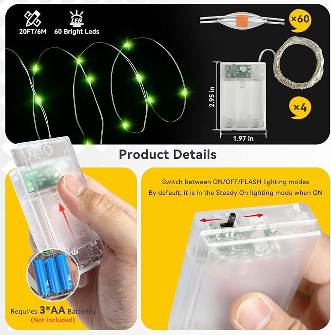 LitHome 4 Pack Green Fairy Lights Battery Operated, Each 20 FT 60 LED | Halloween Twinkle Lights Battery Operated 2 Modes, Waterproof Fairy String Light for Party Wreath Garland Table Decor