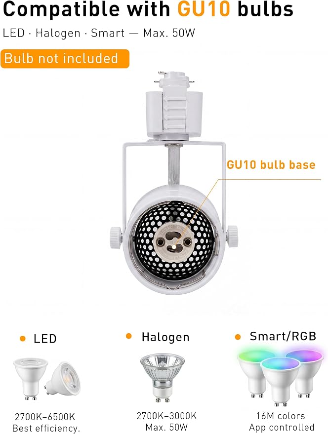 [6 Pack] CLOUDY BAY H Type Track Lighting Heads to Gu10 Base Socket Light Direction Adjustable,Round,White