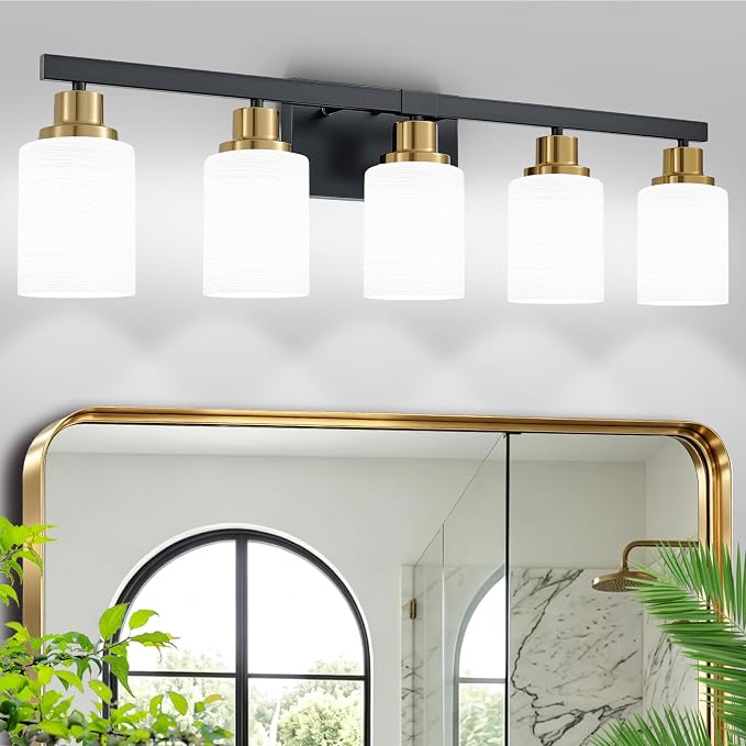 Bathroom Vanity Light, 5-Light Vanity Lighting Black and Gold,30" | Black and Gold Wall Light Fixture,Bathroom Light Fixtures with Frosted Glass Shade for Mirror Bedroom Restroom Sink