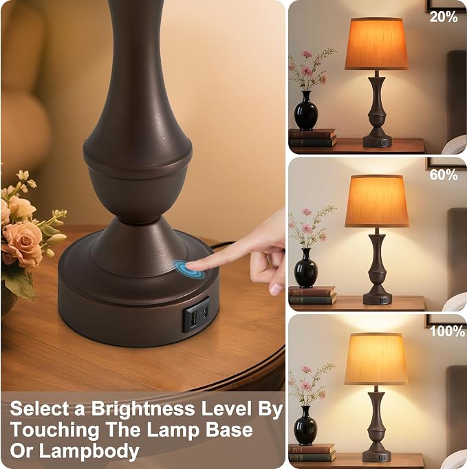 Luvkczc 22" Table Lamp Set of 2 - Farmhouse Vintage Brown Bedside Lamp with Brown Fabric Shade, Dimmable, USB C+A Ports, Nightstand Lamp for Living Room Bedroom (Bulb Included)