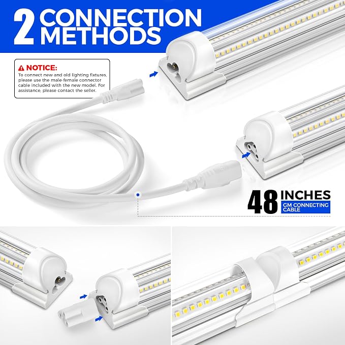 Barrina T8 LED Shop Lights 8FT, 100W 15000LM 5000K, 4 Pack, High Output | 8 Foot for Garage Workshop and Workbench Use, Easy Clip Ceiling Mount, Linkable to 3, V Shape, Aluminum, Clear Cover