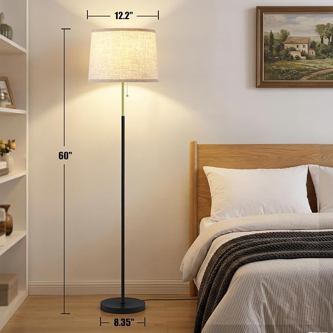 Floor Lamps for Living Room & Bedroom, 60" Modern Tall Standing Lamp, 3CCT | Lamps for Office, Classroom, Bedside, Linen Lampshade, Pull Chain Switch, Modern Design, Anti-glare Lighting, Easy Assembly
