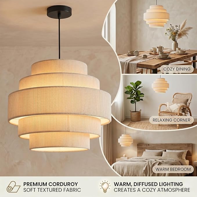 AUQUEE 5-Tier Corduroy Pendant Light for Kitchen Island, 13” Anti-Glare Boho Hanging Light Fixture, Adjustable Modern Ceiling Chandelier for Dining Room Bedroom Living Room Entryway Hallway, Beige