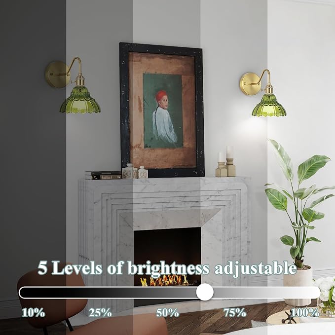 Vintage Battery Operated Wall Sconces Set Of Two, Indoor not Hardwired Brass Green Glass Lampshade Fixtures,Rechargeable Wireless RGB Wall Lights with Dimmable Remote Control,for Bedroom Living Room