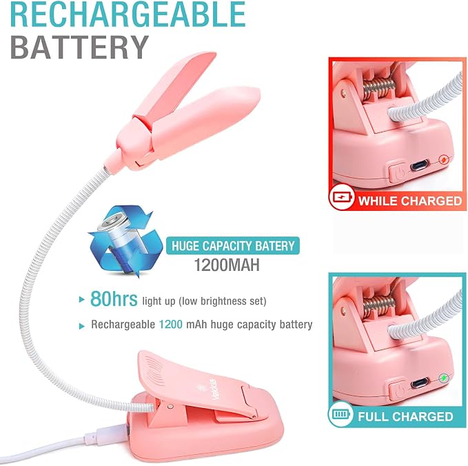 Vekkia 14 LED Rechargeable Book Light for Reading at Night | Eye-Care Reading Light for Books in Bed/180° Adjustable, Clip on Lamp/3 Color Temperatures, Lightweight