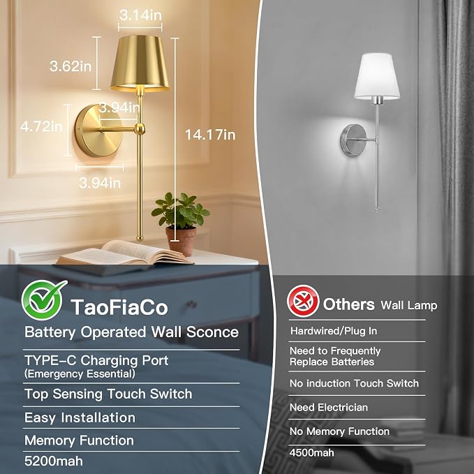 TaoFiaCo Battery Operated Wall Sconces Set of 2,Wireless Wall Sconce Gold | 5200mAh Rechargeable, Remote, Timer, Dimmable, Cordless Wall Light for Bedroom Living Room, Hallway, Light Decor
