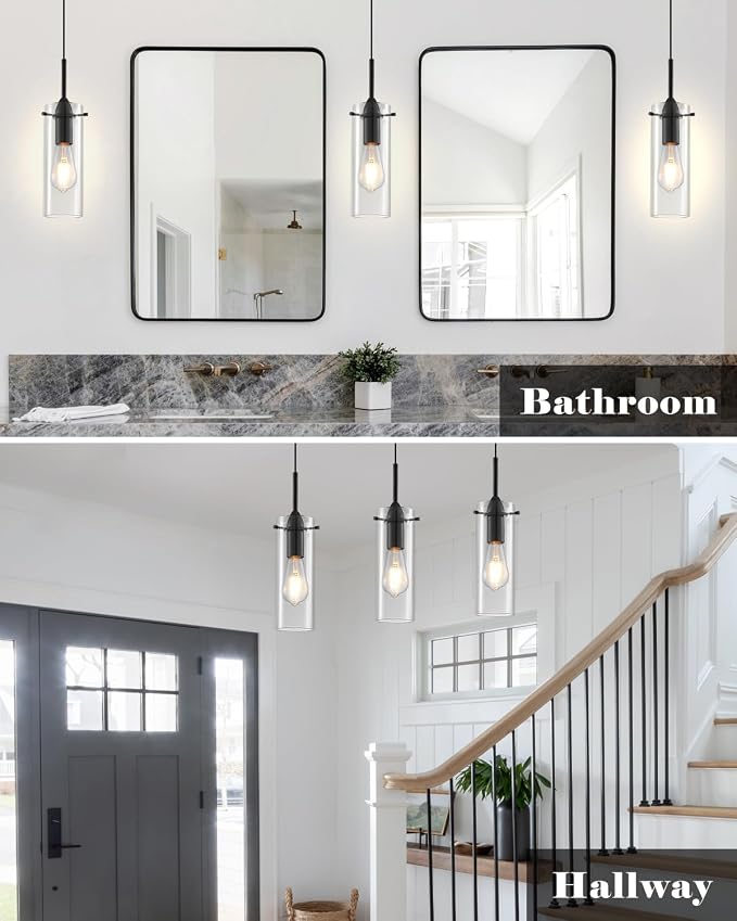 Black Pendant Lights Kitchen Island 3 Packs, Clear Glass Pendant Light, Modern Glass Pendant Light Fixture, Industrial Pendant Lights for Kitchen Island, Living Room, Bedroom, Dining Room