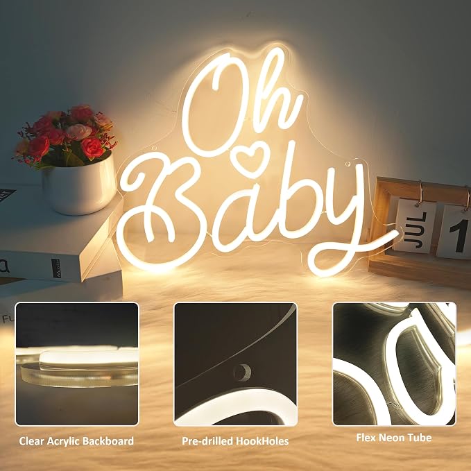 Oh Baby Neon Sign for Wall Decor, Baby Shower Neon Sign with Dimmer, Warm White Led Light for Bedroom Decor, Wall Decoration USB Powered with Switch, Gift for Mother(14.9inchs*13inchs)
