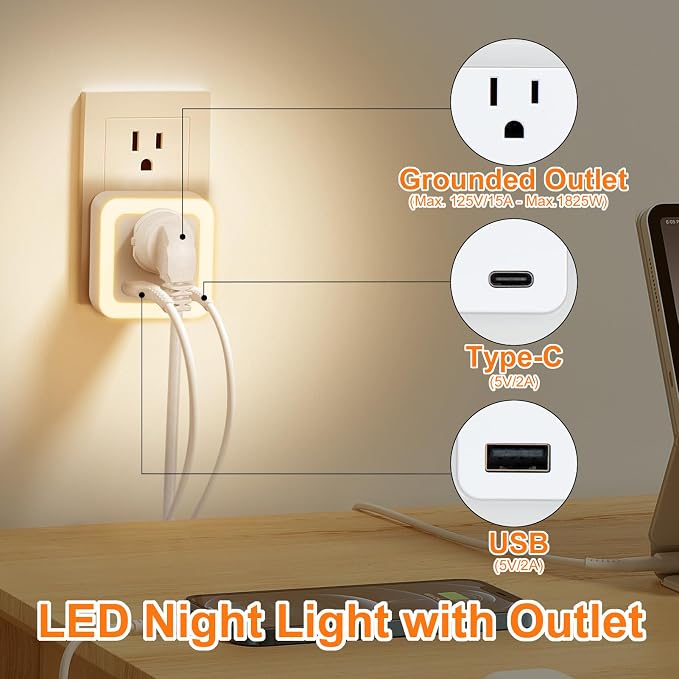 Night Lights Plug Into Wall 4 Pack Rechargeable Battery Backup Light | Dusk to Dawn Sensor Night Light with Outlet Expander for Adults Kids Bedroom, Kitchen, and Bathroom