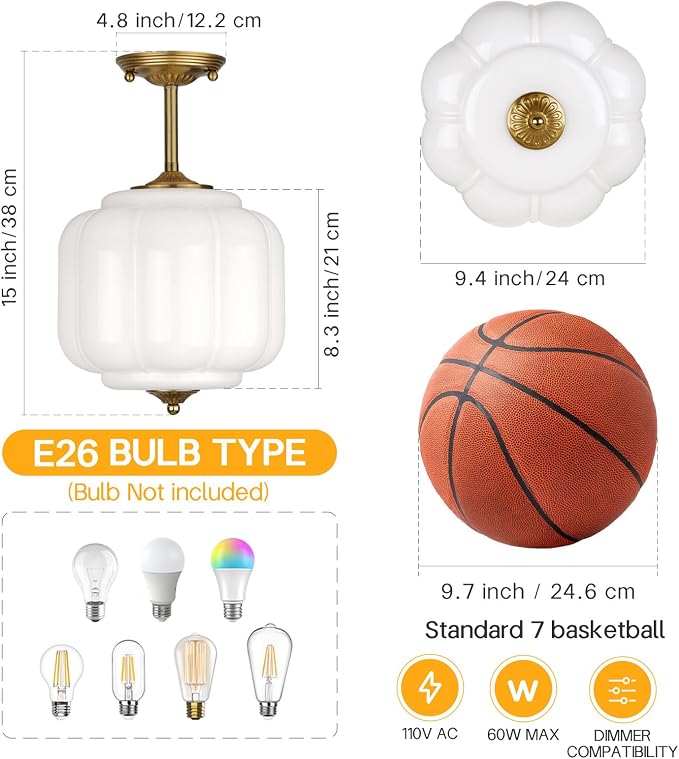 9.4" Milk Glass Semi Flush Mount Ceiling Light Fixture, Vintage Gold Ceiling Lamp for Hallway, Kitchen, Bedroom, Entryway, Antique Mid Century Lighting with Scallop Shade for Small Rooms