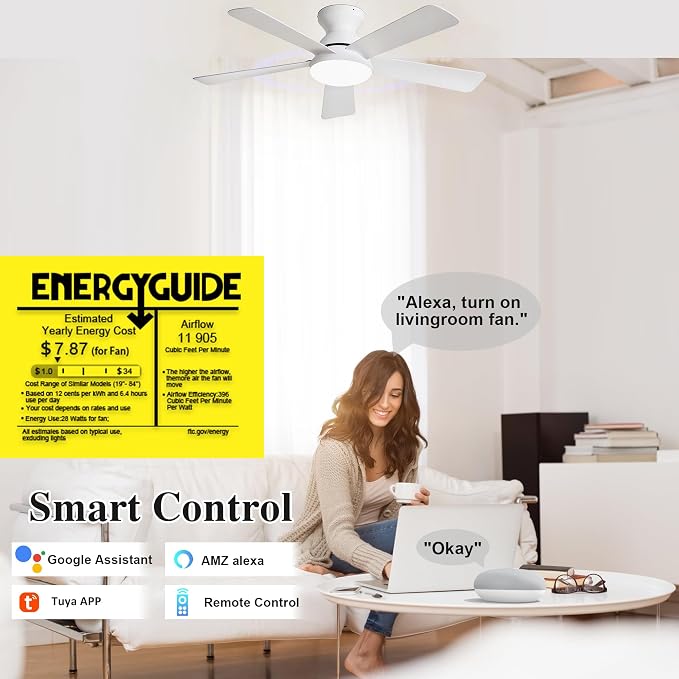 Smart Ceiling Fans with Lights Remote - 42'' WiFi Alexa Flush Mount Low Profile Modern Ceiling Fans for Bedroom - Stepless Color Temperature and 6 Speeds - White
