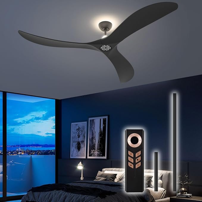 TALOYA 72 Inch Ceiling Fans with Lights Led Remote Control Flush Mount Low Profile for Bedroom Farmhouse Patio Outdoor Living Room,Buzzer ON & Off,DC Motor,Reversible,Dimmable,Black,Solid Wood Blade