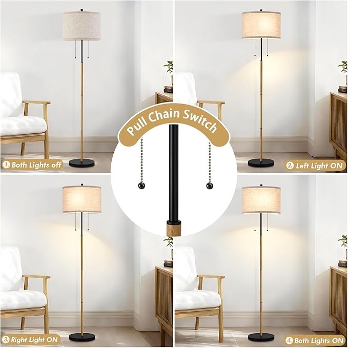 Luvkczc Floor Lamp, 62" Standing Lamp Tall Lamp with Fabric Lampshade&Pull Chain Corner Floor Lamps for Living Room, Bedroom,Office Corner (Wood Grain 2 Bulb Socket)