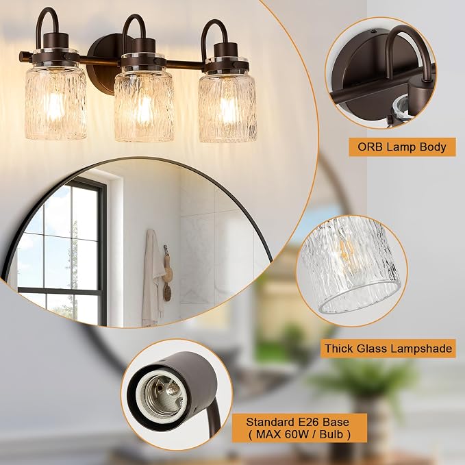 3 Lights Hammered Glass Bathroom Vanity Light, Oil Rubbed Bronze | Easy Installation,Up or Down,Farmhouse Modern Style,E26 Socket,ETL Certification