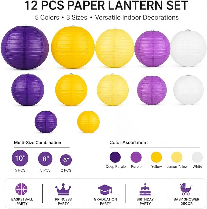 Purple Yellow Round Paper Lanterns Set of 12, 6/8/10 Inch Multi Colored Hanging Paper Lamp Decor for Basketball Party, Princess Gathering, Graduation, Birthday & Baby Shower Home Ornament