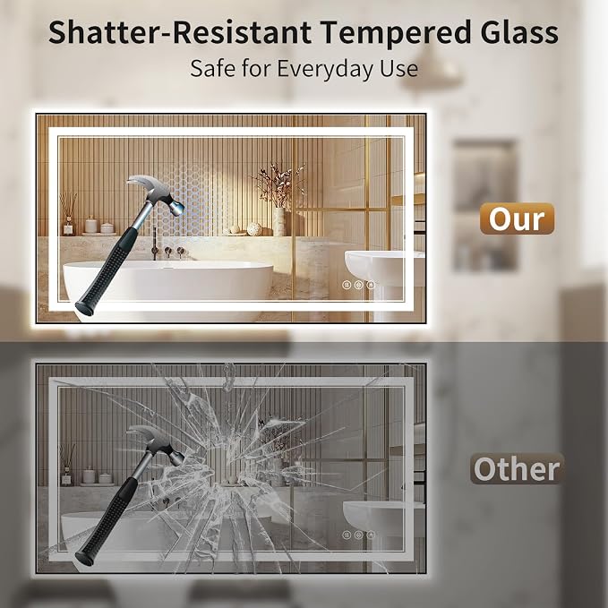 30"x50" LED Bathroom Mirror with Lights, Front & Backlit, Anti-Fog | Lighted Mirror with Dimmable, Aluminum Frame, 3 Color Temperature, CRI 90+, Touch Control with Memory, HD Tempered Glass